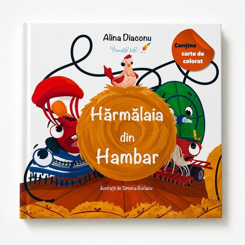 Coperta față «Hărmălaia din Hambar», cu insigna Conține carte de colorat