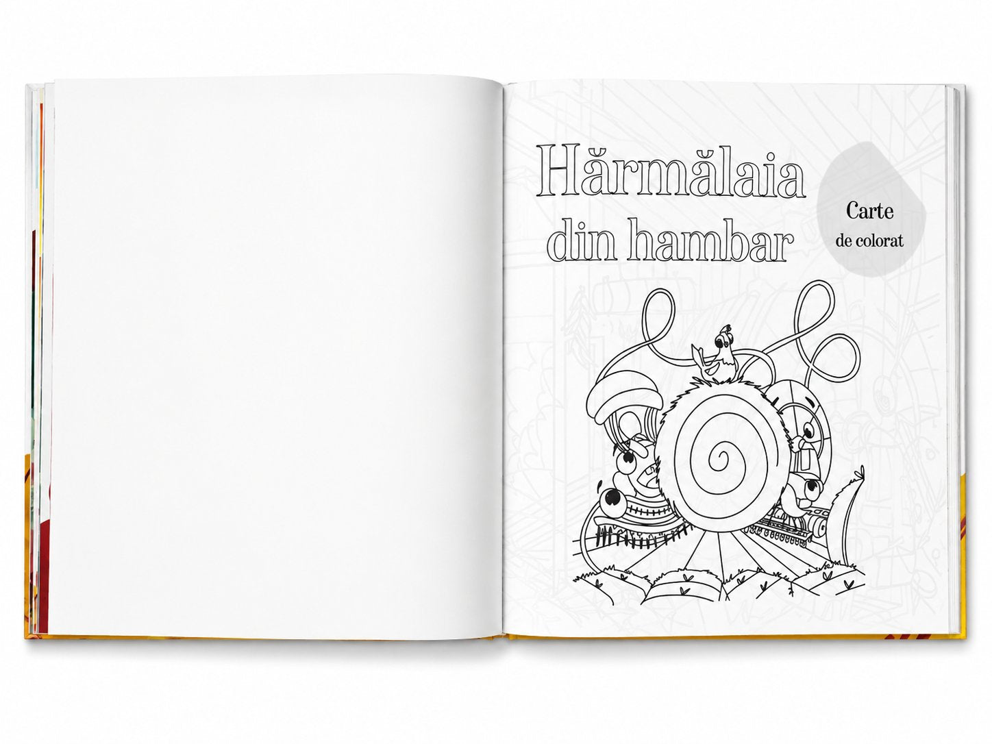 Pagina de titlu a cărții de colorat incluse în «Hărmălaia din Hambar»