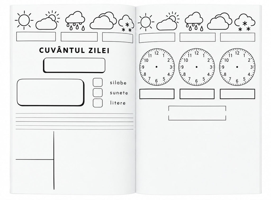 Pagini din caietul Rutine de învățare, clasa I: vremea, cuvântul zilei, silabe și ceasuri