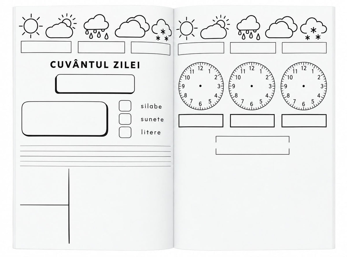 Pagini din caietul Rutine de învățare, clasa I: vremea, cuvântul zilei, silabe și ceasuri
