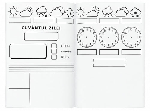 Pagini din caietul Rutine de învățare, clasa I: vremea, cuvântul zilei, silabe și ceasuri